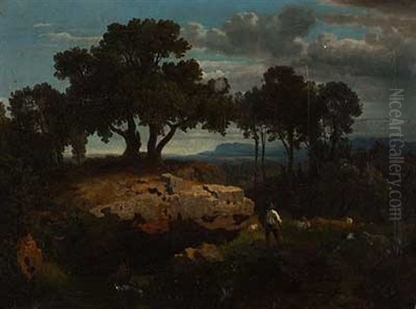 Schafer In Romantischer Landschaft Oil Painting by Andreas Achenbach