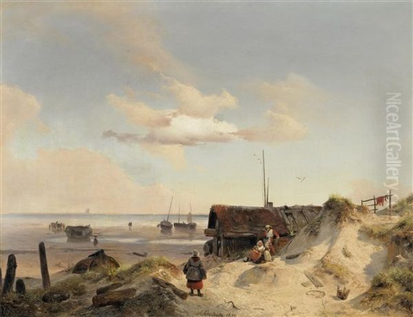 Fischerkaten In Den Dunen Oil Painting by Andreas Achenbach