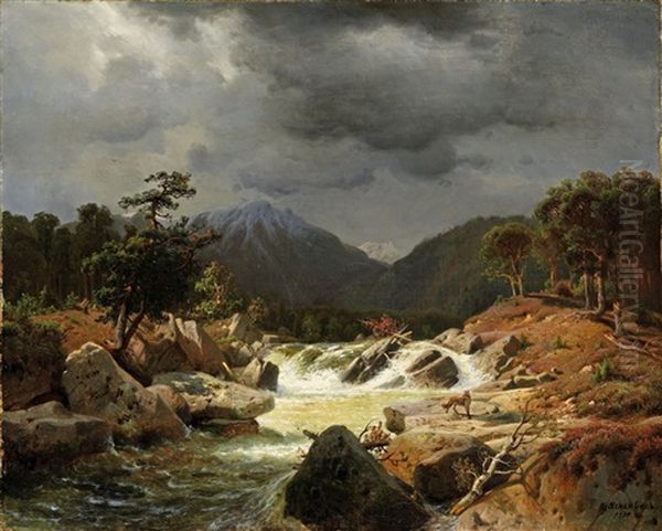 Norwegische Landschaft Mit Fuchs An Einem Wildbach Oil Painting by Andreas Achenbach