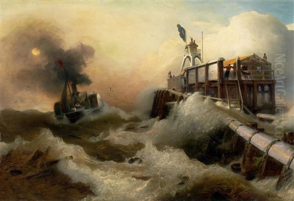 Ausfahrender Dampfer Bei Sturm Oil Painting by Andreas Achenbach