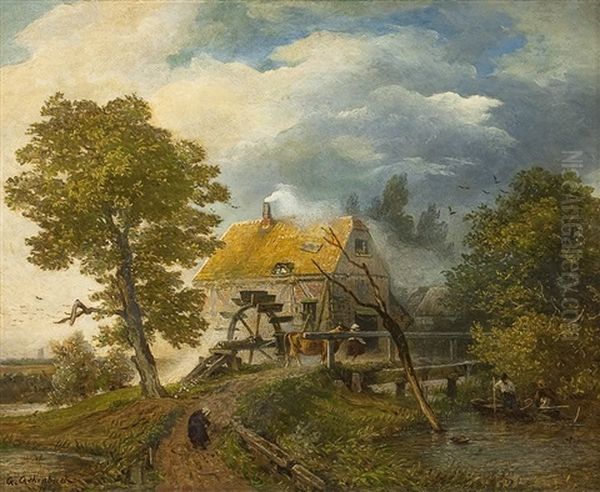 Alte Wassermuhle Mit Bauerin Auf Einem Feldweg Oil Painting by Andreas Achenbach