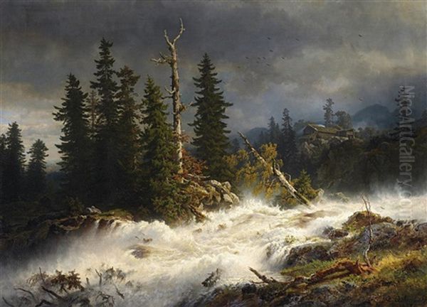 Wildwasser In Norwegischer Waldlandschaft Oil Painting by Andreas Achenbach