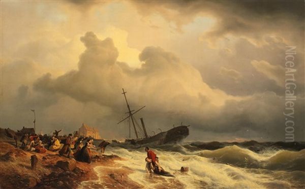 Strandendes Dampfboot An Der Norwegischen Kuste Oil Painting by Andreas Achenbach