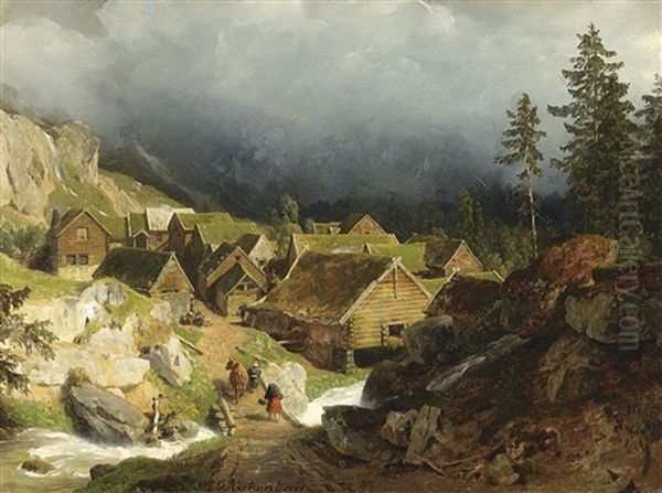 Dorf Im Gebirge Oil Painting by Andreas Achenbach