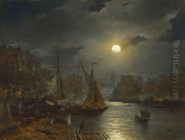 Nachtliche Hafenszene Oil Painting by Andreas Achenbach