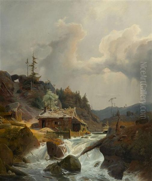 Holzfallerhutte An Einem Bergbach Oil Painting by Andreas Achenbach