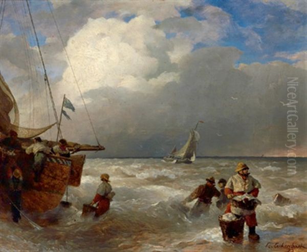 Beim Entladen Des Fischfangs Oil Painting by Andreas Achenbach