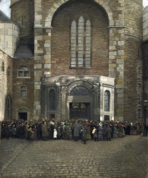 Vor Dem Aachener Dom. Blick Auf Eine Feierlich Gekleidete Menschenmenge Vor Dem Geoffneten Hauptportal. Monogrammiert Unten Rechts: O.a Oil Painting by Andreas Achenbach