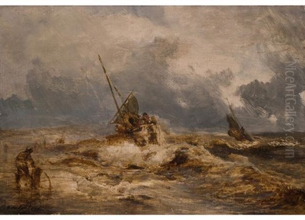 Fischkutter In Sturmischem Ufergewasser Oil Painting by Andreas Achenbach