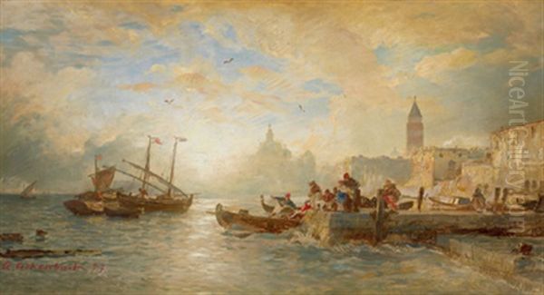 Fischer Vor Venedig - Blick Auf Santa Maria Della Salute Und Den Campanile Oil Painting by Andreas Achenbach