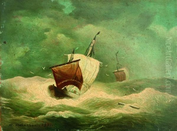 Schiffe Auf Sturmischer See Oil Painting by Andreas Achenbach