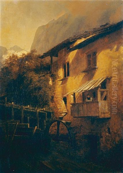 Wassermuhle Im Gebirge Oil Painting by Andreas Achenbach