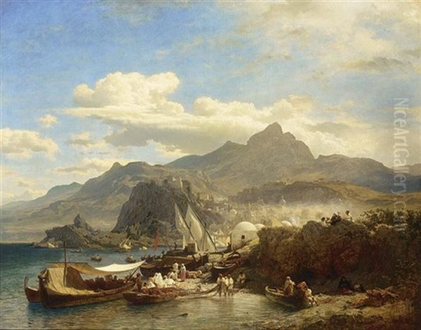 A Busy Town On The Levantine Coast Oil Painting by Andreas Achenbach