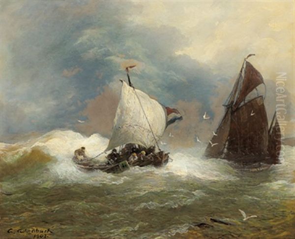 Fischerboote Bei Rauher See Oil Painting by Andreas Achenbach