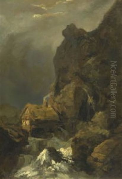 Muhle Am Gebirgsbach (sketch) Oil Painting by Andreas Achenbach