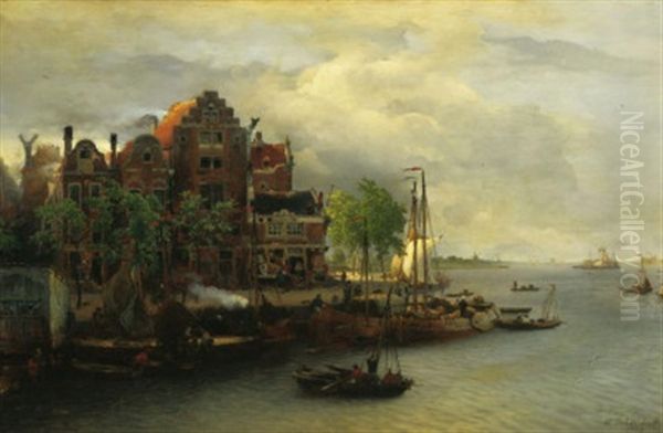 Abendstimmung In Einem Hollandischen Hafen (dordrecht?) Oil Painting by Andreas Achenbach