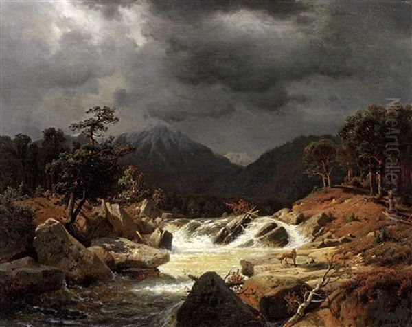 Norwegischer Bach Mit Kleinem Wasserfall Und Fuchs Oil Painting by Andreas Achenbach