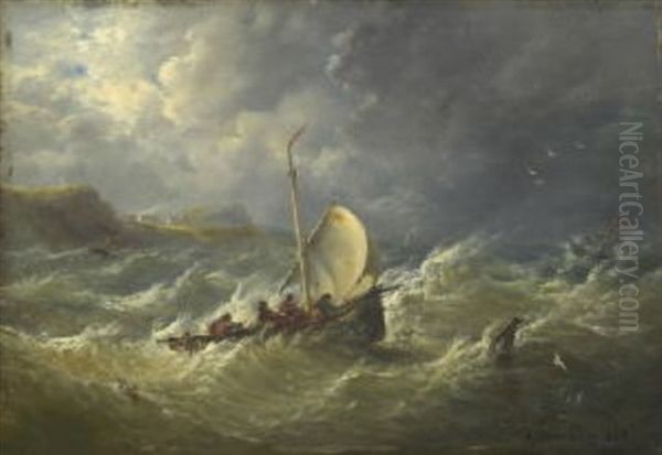 Fischerboote Auf Sturmisch Bewegter See Oil Painting by Andreas Achenbach