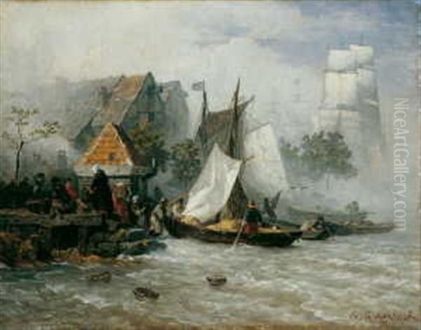 Fischerboote An Der Mole Oil Painting by Andreas Achenbach