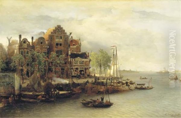 A Capriccio View Of A Dutch Riverside Town Oil Painting by Andreas Achenbach