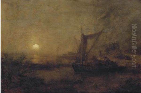 Fishing By Moonlight (study) Oil Painting by Andreas Achenbach