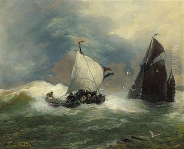 Fischerboote Bei Rauher See by Andreas Achenbach