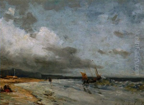 Ausfahrende Fischer Am Sturmischen Nordseestrand Oil Painting by Andreas Achenbach