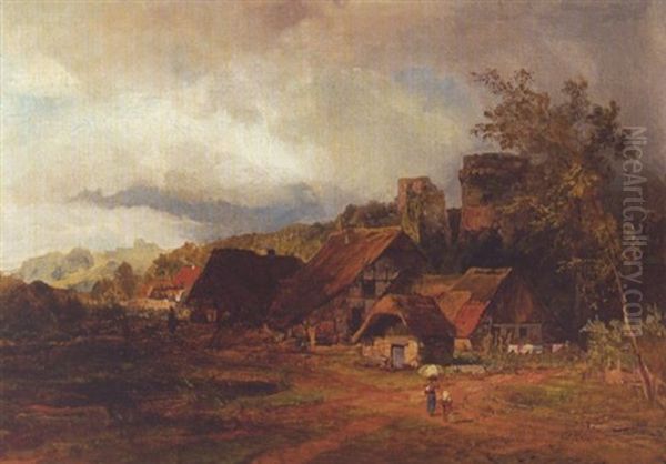 Landschaft Mit Dorf Und Burgruine Oil Painting by Andreas Achenbach