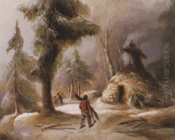 Norwegischer Winterwald Mit Kohlerei Oil Painting by Andreas Achenbach