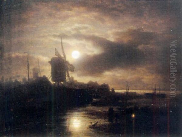 Rivage Au Clair De Lune Oil Painting by Andreas Achenbach