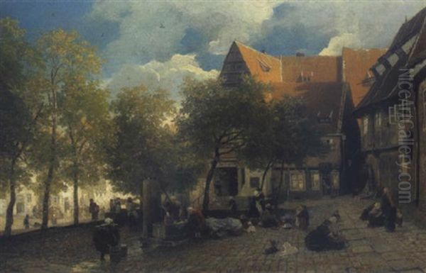 Der Marktplatz In Hildesheim Oil Painting by Andreas Achenbach