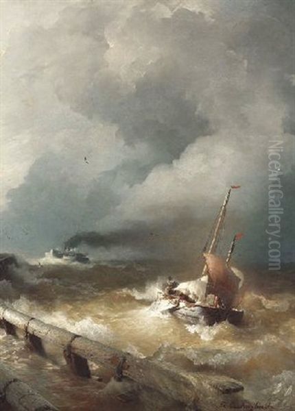 Dampfer Und Segelboot Bei Sturmischer See In Der Hafeneinfahrt Oil Painting by Andreas Achenbach