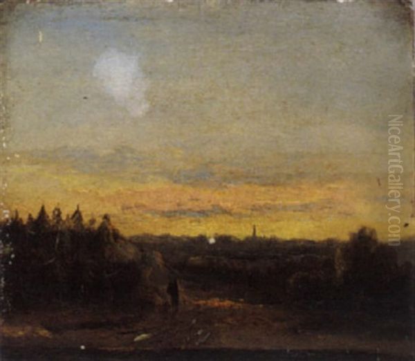 A Landscape At Dusk Oil Painting by Andreas Achenbach