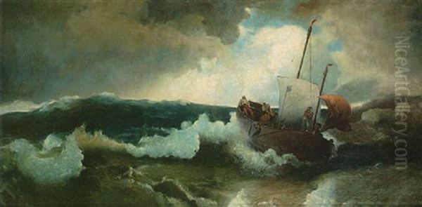 Marine - Fischerboot Bei Hohem Wellengang Auf See Oil Painting by Andreas Achenbach