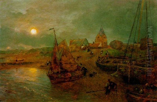 Kustenlandschaft Bei Vollmond Oil Painting by Andreas Achenbach