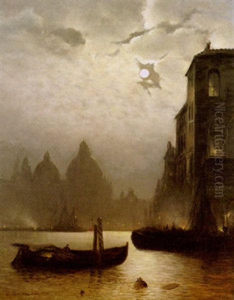 Abendliches Fest Am Canale Grande In Venedig Oil Painting by Andreas Achenbach