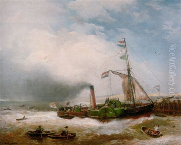 Schaufelraddampfer Vor Einer Mole Oil Painting by Andreas Achenbach