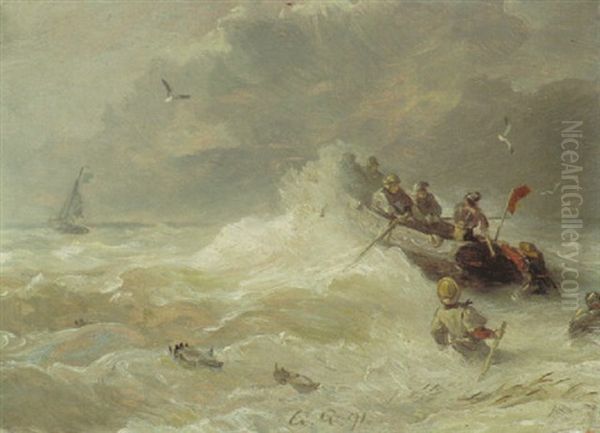 Sturm An Der Kuste Mit Auslaufendem Rettungsboot Oil Painting by Andreas Achenbach