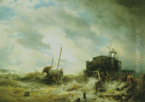 Sturm An Der Mole Von Vlissingen Oil Painting by Andreas Achenbach