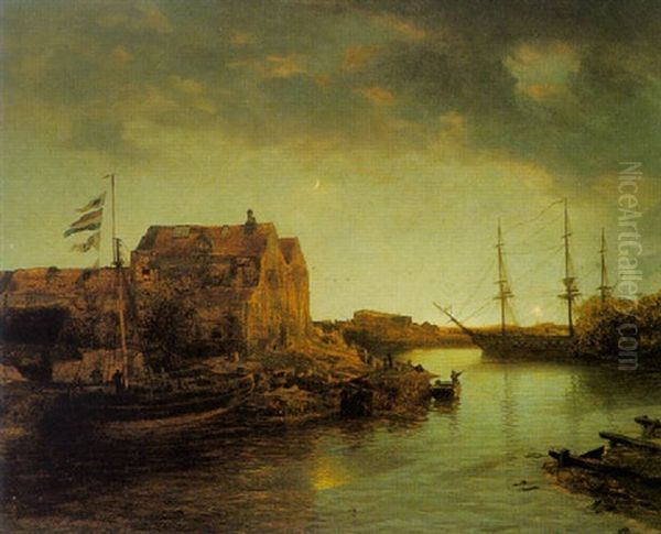 Sailing Vessels In A Moonlit Bay Oil Painting by Andreas Achenbach