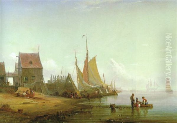 Morgendlich Belebter Fischerhafen Oil Painting by Andreas Achenbach