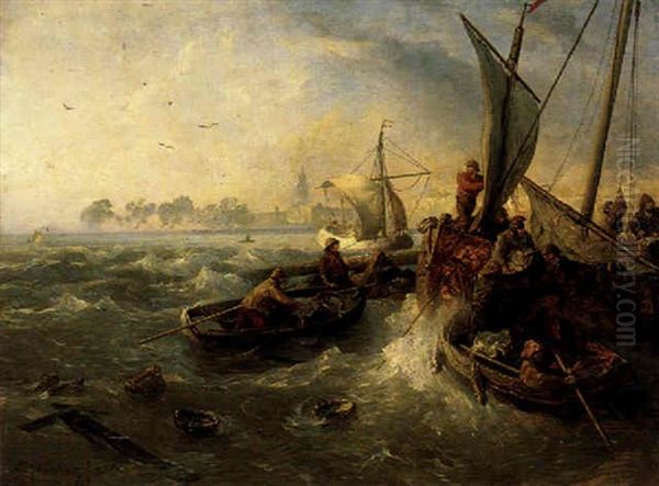 Fischerboote In Kustennahe Oil Painting by Andreas Achenbach