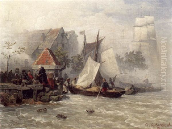 Ankernde Fischer In Einem Hollandischen Hafen Oil Painting by Andreas Achenbach