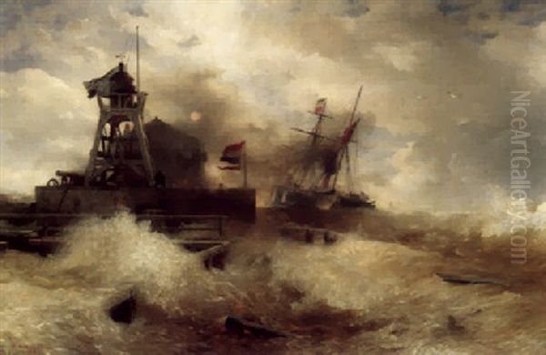 Groser Leuchtturm In Sturmischer See Oil Painting by Andreas Achenbach