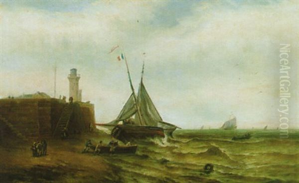 Fischerboote Am Strand Vor Der Kaimauer Mit Dem Leuchtturm Oil Painting by Andreas Achenbach