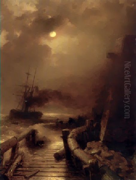 Sturmische Mondnacht Oil Painting by Andreas Achenbach