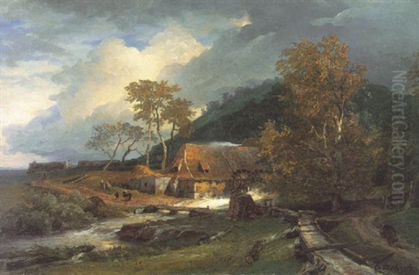 Muhle In Gewittriger Landschaft Oil Painting by Andreas Achenbach