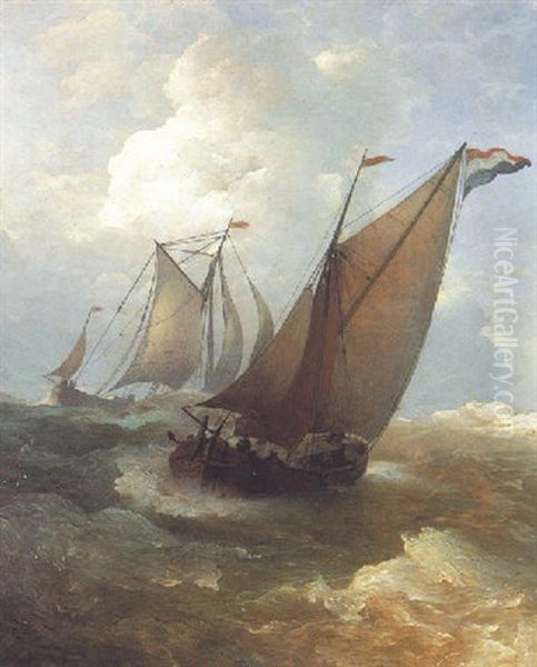 Zwei Hollandische Fischerboote In Sturmischer See Oil Painting by Andreas Achenbach