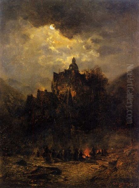 Lagerfeuer Unterhalb Einer Burg Mondschein Oil Painting by Andreas Achenbach