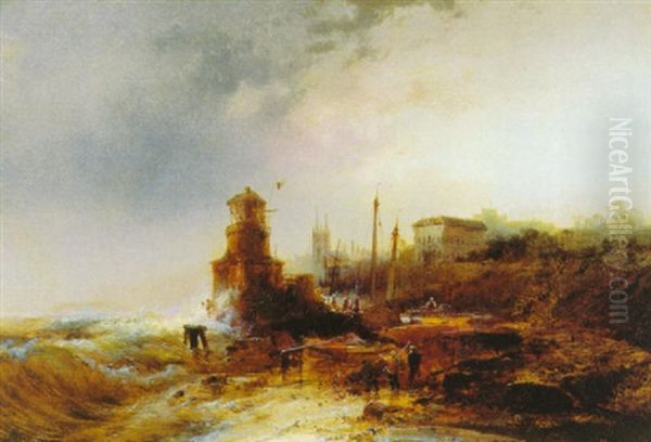 Lighthouse With Fishermen Bringing In Their Boats Oil Painting by Andreas Achenbach